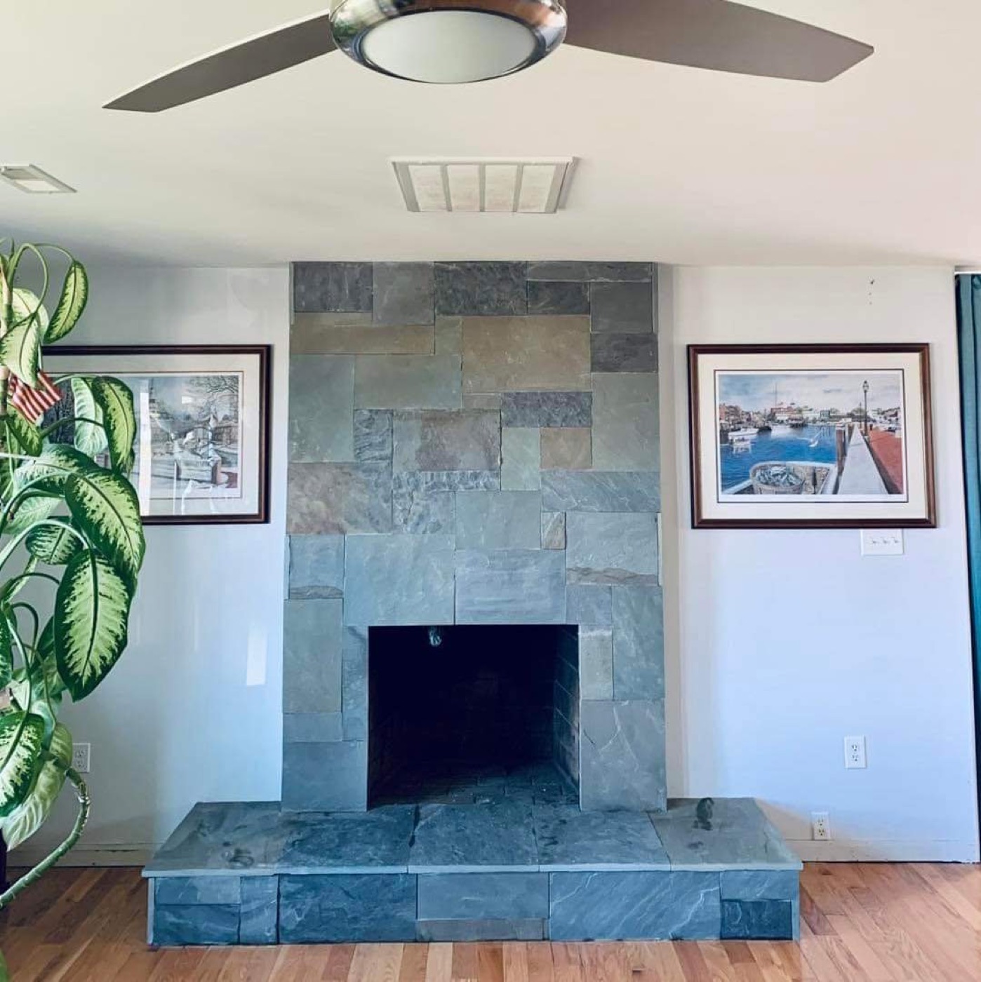 Modern slate fireplace surround with hearth