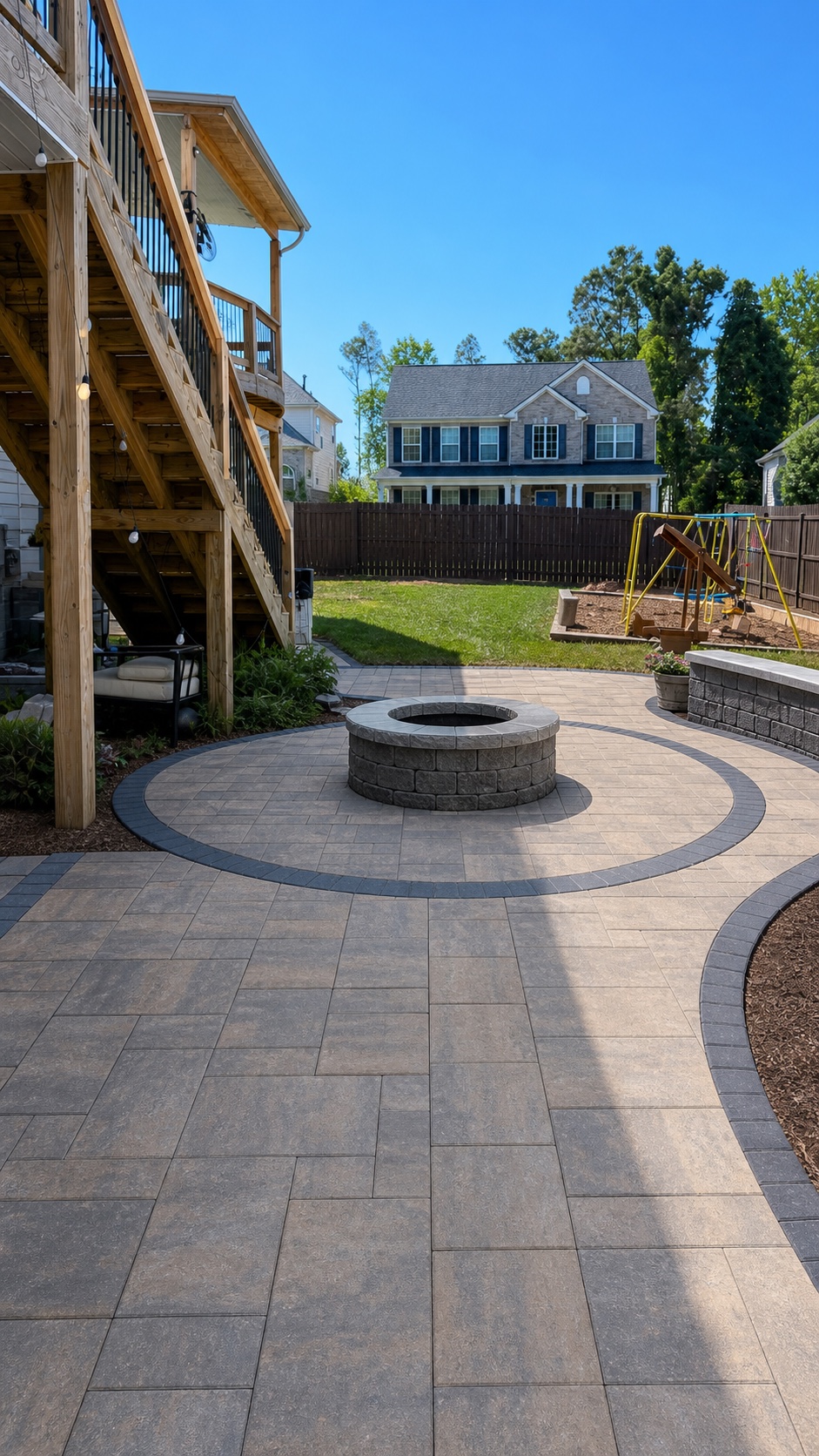 Clean circular backyard paver patio with fire pit base and curved stone border