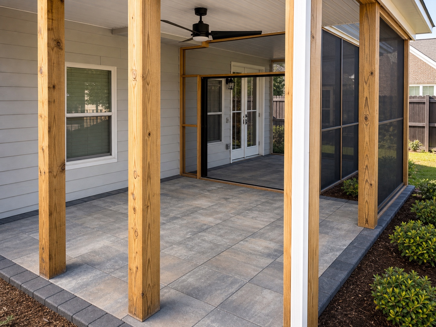 Covered patio with clean paver floor, porch posts, and screened area