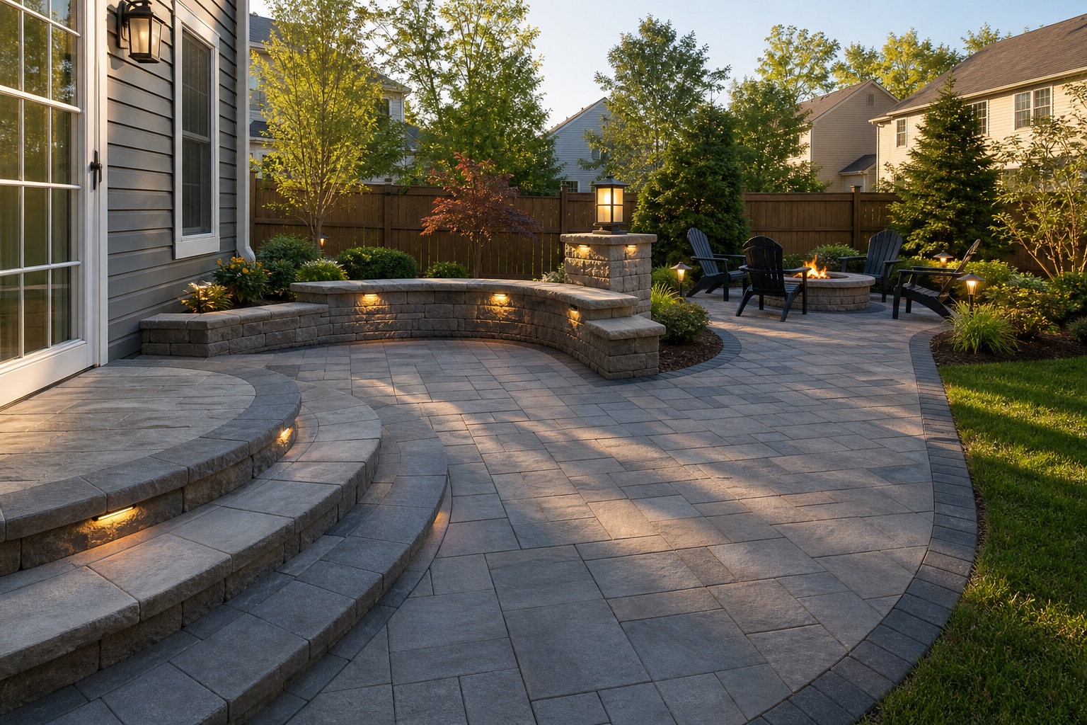 Finished paver patio with stone border and seating area
