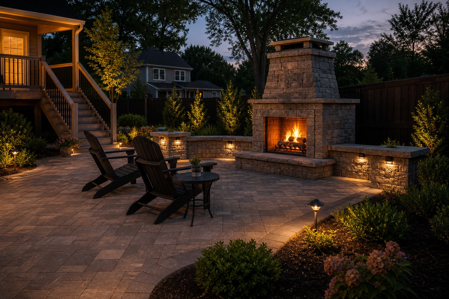 Outdoor stone fireplace with matching paver patio