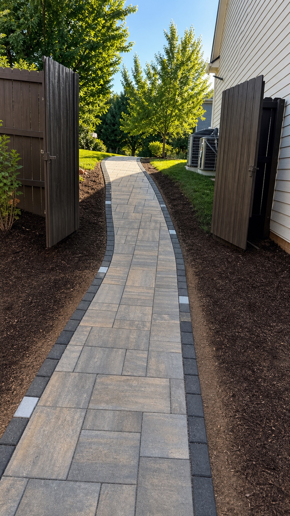 Clean curved paver walkway through side yard with dark stone border