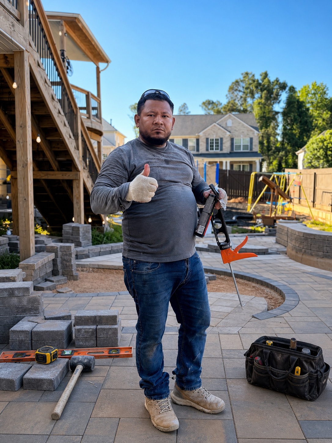 Robinson standing on a paver jobsite with paving tools, blocks, level, and tool bag